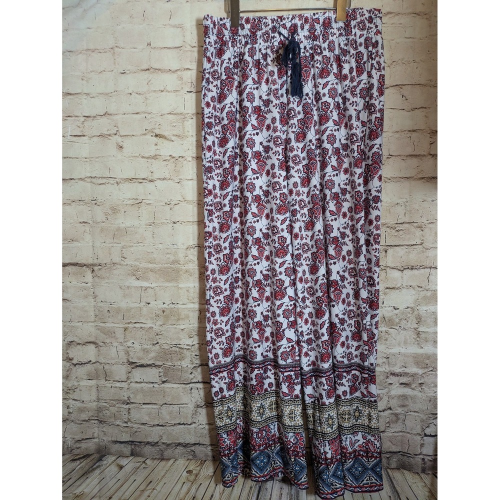 New Directions Boho Pants Women's Large Wide Leg Elastic Waist Stretch Floral
